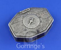 A rare late 17th century silver and tortoiseshell octagonal puzzle tobacco box, the hinged lid