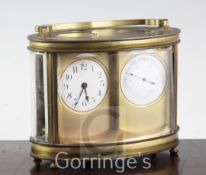 An early 20th century Duvernoy brass combined carriage timepiece and barometer, of oval form,