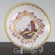 A Meissen saucer, c.1730, painted to the centre in enamel colours with scenes of merchants and