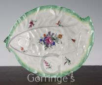 A Worcester leaf dish, c.1765-70, painted with scattered floral sprays and an insect, with green and