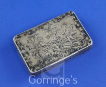 An early 19th century Russian 84 zolotnik silver and niello rectangular snuff box, the lid and