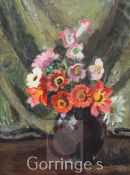 § Vanessa Bell (1879-1961)oil on canvas,Flowers in a black pot, c.1948, initialled verso in the hand
