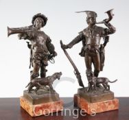 Eugene Barillot (1841-1900) A pair of bronze figures of Renaissance huntsmen blowing hunting