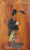 Joseph Faverot (1862-1915)oil on wooden panel,Auguste au parapluie,signed,16 x 10.5in.