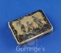 An early 19th century Russian 84 zolotnik silver and niello rectangular snuff box, the lid and