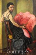 § Hélène Detroyat (1899-1951)oil on canvas,Portrait of a bearded lady, seated holding an ostrich