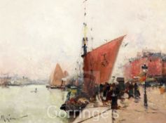 Maurice Lenoir (French 1872-1931)oil on wooden panel,Quayside scene,signed,9 x 12.5in.