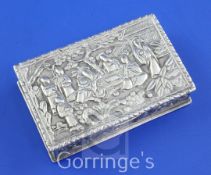 A 19th century Chinese Export silver snuff box, of rectangular form, embossed with scenes of