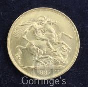 A Victoria Jubilee gold two pounds, 1887, EF