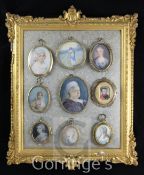 A collection of nine assorted portrait miniatures, 18th century to early 20th century, eight of them