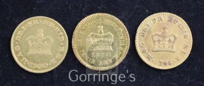 Three George III gold third guineas, 1798, VF, 1800, VF obv. F and 1810, good VF