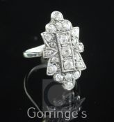 An Edwardian 18ct white gold and rose cut diamond ring, of shaped lozenge form, size J.