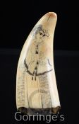 A scrimshaw whale's tooth, decorated with a lady in crinoline dress, 5.25in.