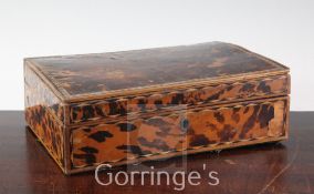 A 19th century Goanese tortoiseshell and parquetry work box, with compartmented interior, 11in.