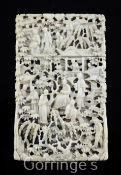 A Chinese export ivory card case, 19th century, finely carved in high relief with figures amid