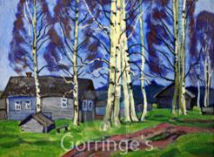 Yuri Matushevski (1930-1999)oil on paper,Birch trees and farm buildings,signed and dated '70,23 x