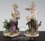 A pair of Meissen figures of fauns, 19th century, the first playing the bagpipes on a rocky outcrop,