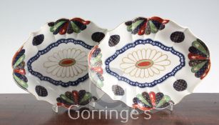 A pair of Worcester Old Japan Fan pattern lozenge shaped dishes, c.1770-5, decorated in underglaze