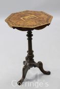 A Victorian Tunbridgeware inlaid walnut tripod table, the octagonal top inlaid with a view of a