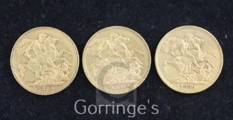 Three Victoria gold sovereigns, 1876, VF, 1884, contact mark otherwise VF and 1891, VF