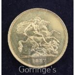 A Victoria Jubilee gold five pounds, 1887, indentation on edge 11 o'clock otherwise EF or better,