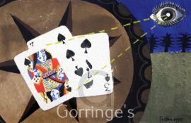 § Mary Fedden (1915-2012)watercolour and gouache,Cards and eye, (Glyndebourne Opera Queen of