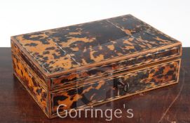 A 19th century Goanese parquetry and tortoiseshell work box, with fitted interior and original