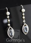 A pair of early 20th century gold, aquamarine, rose cut diamond and seed pearl set drop earrings, of