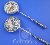 Two late 19th/early 20th century Russian 88 zolotnik and cloisonne enamel spoons by Alexander
