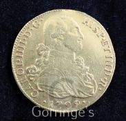 Spanish colonial coinage- A Carlos IV Spain gold 8 escudos, 1799, Lima mint, re-touching to milled