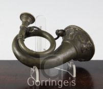 A rare late 17th century German brass miniature natural horn, signed Hieronymus Starck (1640-1693