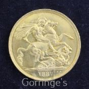A Victoria Jubilee gold two pounds, 1887, slight edge wear otherwise near UNC