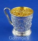 A Victorian silver christening mug by John Samuel Hunt, of tapering cylindrical form, with rustic