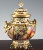 A Royal Worcester fruit painted pot pourri urn and cover, signed H.Ayrton, post-war, the globular