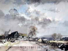 § Rowland Hilder (1905-1993)ink, watercolour and gouache,Kentish landscape with farm buildings,