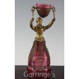 A German ruby glass and gilt metal figural marriage cup, probably Fritz Heckert, late 19th