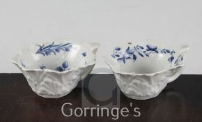 Two Worcester blue and white butter boats, c.1760-65, the first in a rare version of Butter Boat