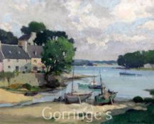 § Georges Charles Robin (French, 1903-2003)oil on canvas,Estuary scene with fishing village,