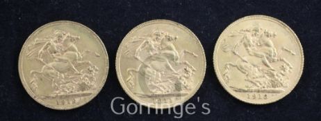 Three George V gold sovereigns, 1911, 1912 Perth Mint and 1913, all near EF