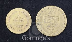 A George III gold half guinea, 1790, Fine, and a George III gold third guinea, 1803, Good Fine (2)