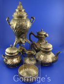 A late 19th century French 950 standard silver gilt six piece tea and coffee service by A.