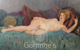 § Fernand Pinal (1881-1958)oil on canvas,Female nude reclining upon a day bed,signed,29 x 46in.