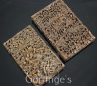 Two Chinese sandalwood card cases, 19th century, each carved in high relief with figures amid