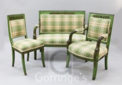 A Continental parcel gilt green painted six piece salon suite, with pale tartan upholstery and