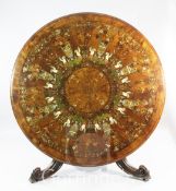 A Victorian walnut, crossbanded, sycamore, ivory, mother of pearl, brass, copper and pewter