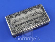 A late 19th century French silver and niello rectangular snuff box, the lid decorated with scene