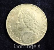 A George II gold two guineas, 1740/39, intermediate laureate head left, rev. crowned shield, Obv.