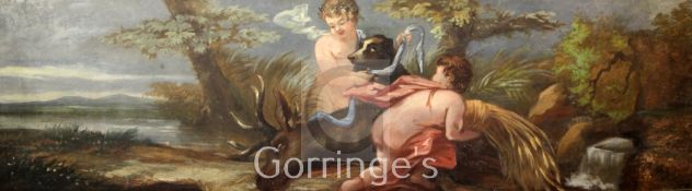 English School c.1900set of 6 oils on canvas,Putti in classical landscapes,17.5 x 66.5in, one 17.5 x