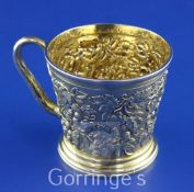 PAUL STORR. A good William IV silver gilt christening mug, of tapering cylindrical form, with rustic