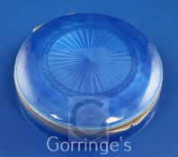 A late 19th/early 20th century Swiss? 935 standard silver and blue guilloche enamel circular box